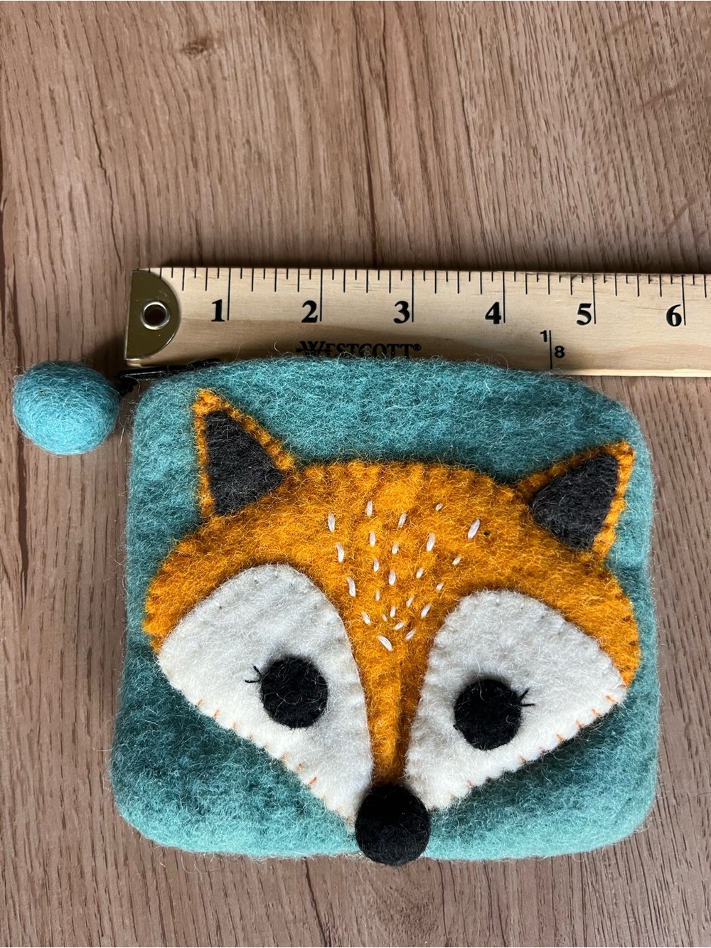 Handmade Nepal 100% Wool Felt Fox Coin Purse Teal Orange